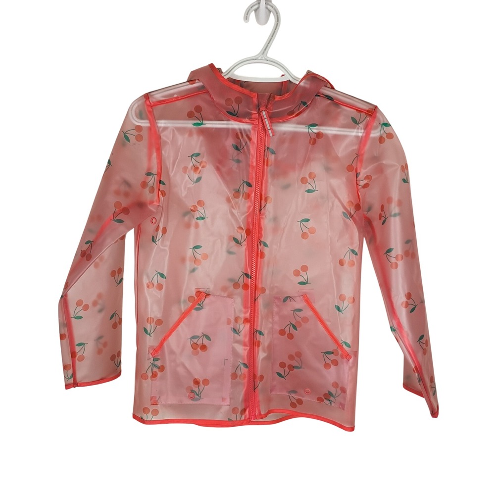 Cat & Jack Girls Pink Translucent Cherry Print Hooded Raincoat Size M 8